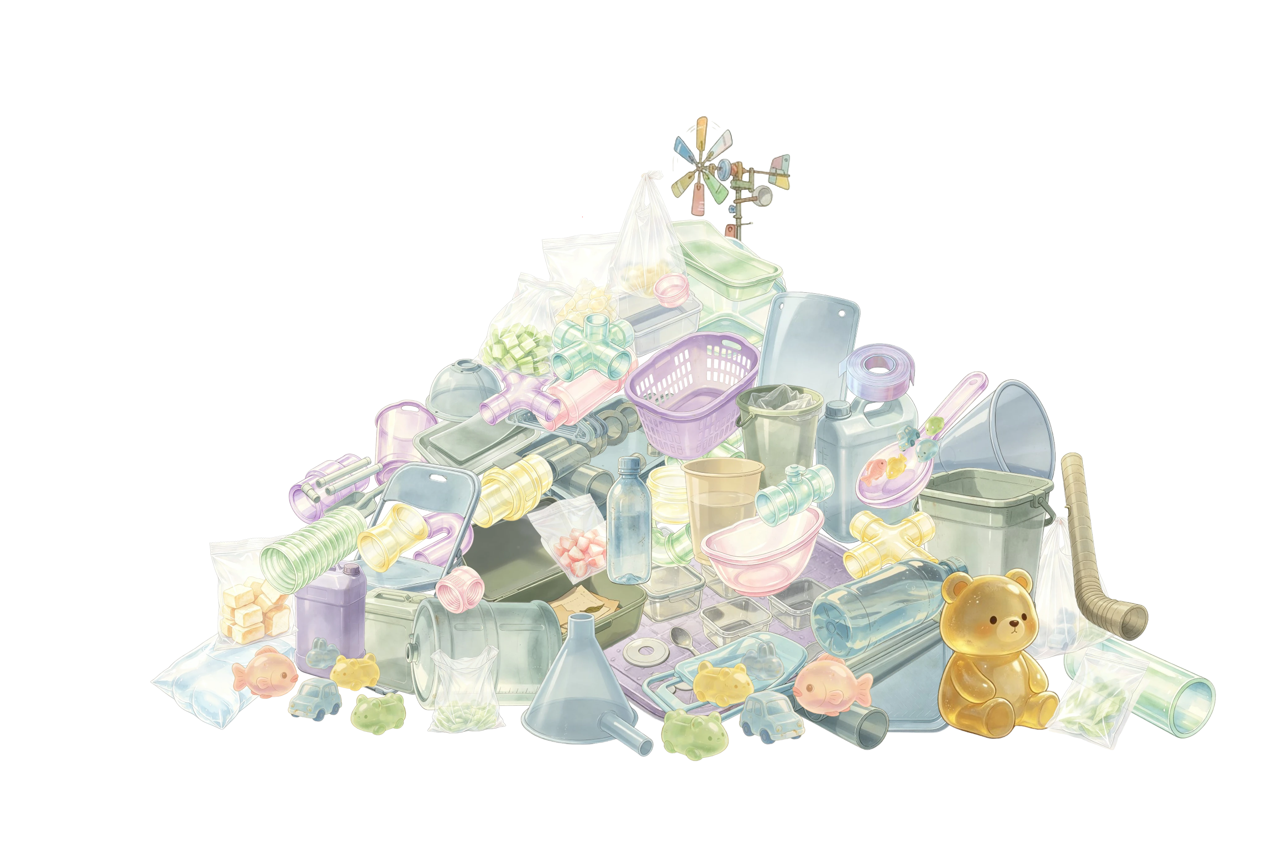 Watercolor collection of overlapping plastic objects